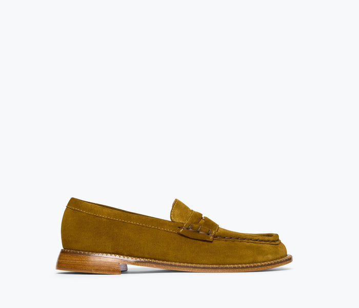 Freda Salvador Elba Penny Loafer in suede, front view showing classic slip-on style and sleek design.