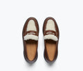 FREDA SALVADOR ELBA Penny Loafer in cognac leather with shearling lining, showcasing classic slip-on style and stitching details.