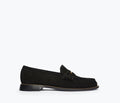 Freda Salvador Elba Penny Loafer in black suede, front view showcasing the classic slip-on design and sleek silhouette.