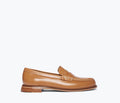 Freda Salvador Elba Penny Loafer in brown leather, front view showing classic loafer design and stitching detail.
