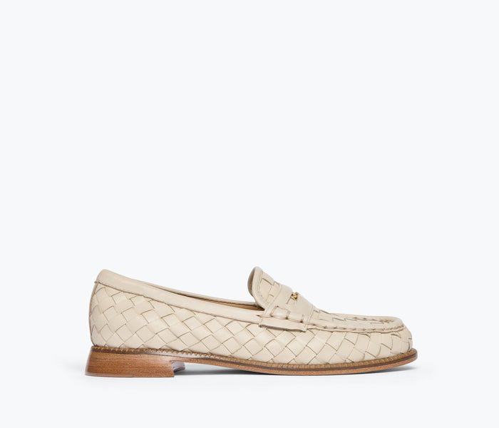 FREDA SALVADOR Elba Penny Loafer in vanilla woven calf leather, front view showing classic slip-on style and detailed weaving.