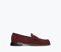 Freda Salvador Elba Penny Loafer in Bordeaux suede showing front view with classic loafer design and stitching details