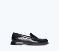 Black ELBA Penny Loafer by FREDA SALVADOR featuring a classic slip-on design with a croc-embossed leather finish.