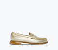 Freda Salvador Elba Penny Loafer in gold, front view showing classic loafer design and sleek leather finish.