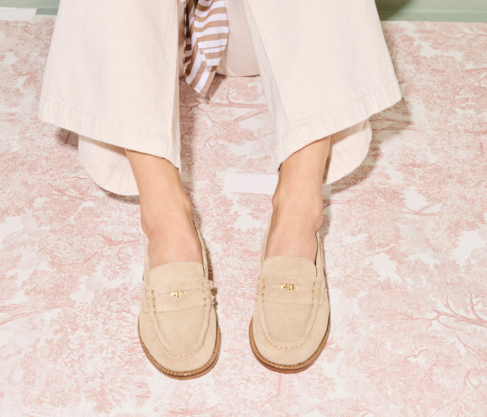 Freda Salvador Elba Penny Loafer in stucco leather, featuring classic slip-on design with a smooth finish and sleek silhouette.