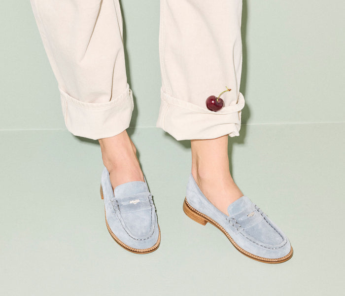 Freda Salvador Elba Penny Loafer in pebble leather, classic slip-on loafers with sleek design and stitching details.