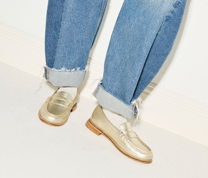 Freda Salvador Elba Penny Loafer in gold leather, featuring classic loafer design with a sleek finish and slip-on style.