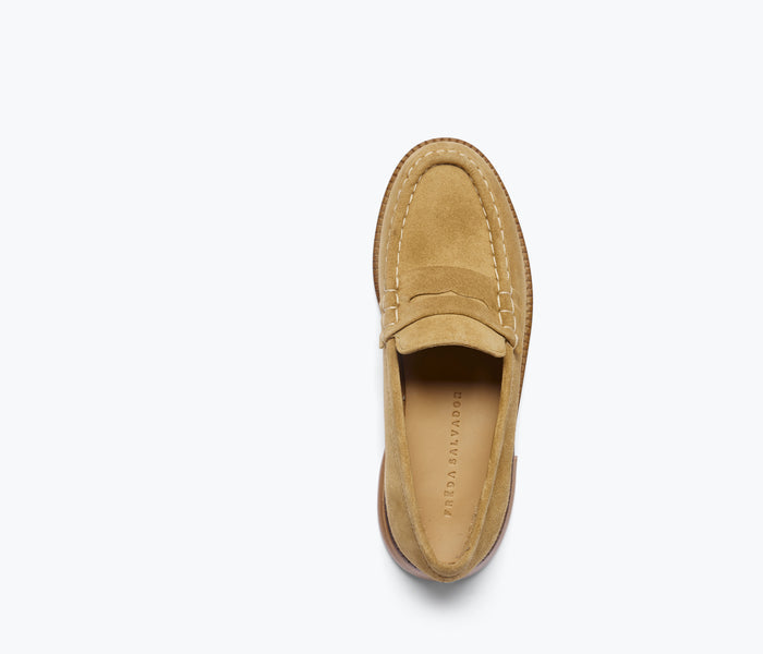 Freda Salvador Elba Penny Loafer in hazel suede with classic slip-on design and sleek silhouette.