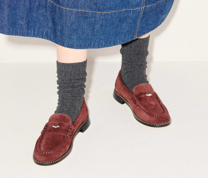 FREDA SALVADOR Elba penny loafer in Bordeaux suede, showing a stylish slip-on shoe with a classic design and smooth suede finish.