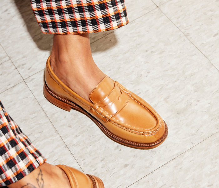 Freda Salvador Elba penny loafer in brown leather, featuring classic slip-on design and sleek, stylish detailing.