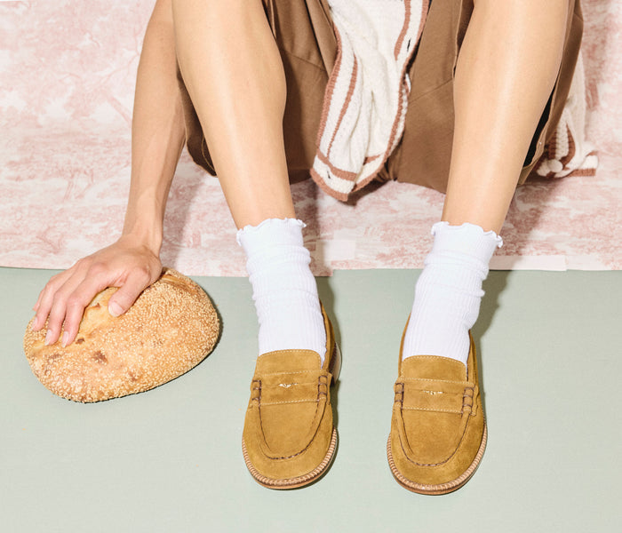 Freda Salvador Elba Penny Loafer in brown suede with classic slip-on style and sleek design, perfect for casual or professional wear.