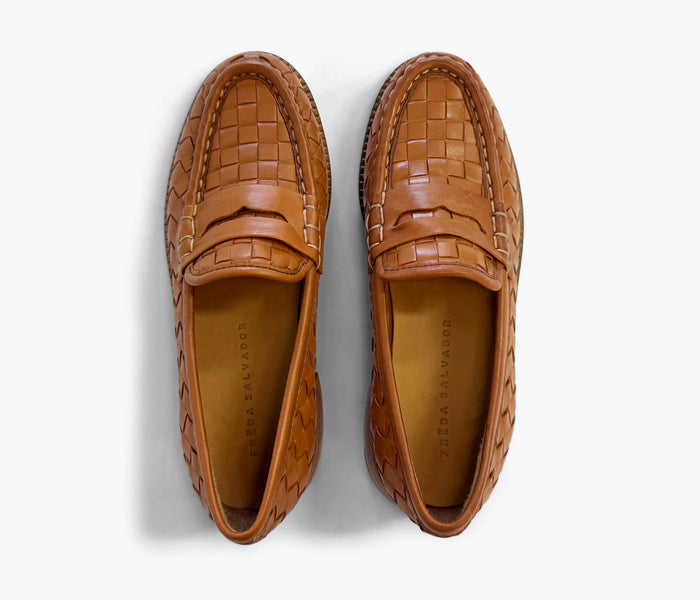 FREDA SALVADOR ELBA penny loafer in cognac woven calf leather, featuring a classic slip-on loafer design with detailed woven texture.
