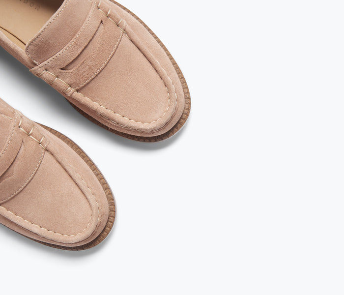 Freda Salvador Elba Penny Loafer in blush leather with detailed stitching and classic loafer silhouette.
