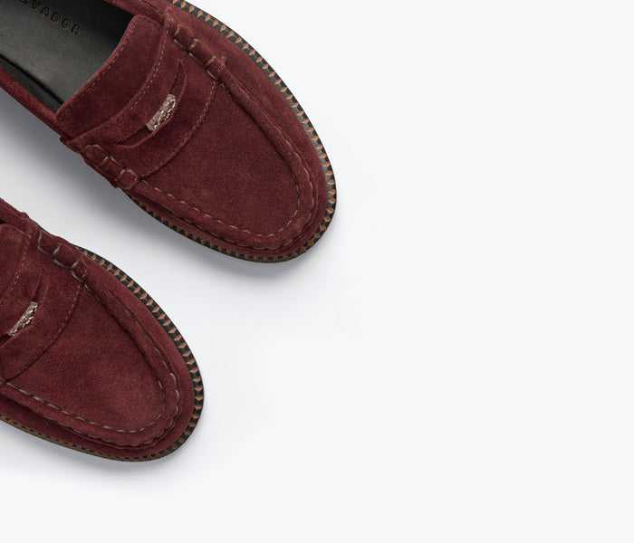 Freda Salvador ELBA Penny Loafer in Bordeaux suede, showing close-up of stylish slip-on loafer with detailed stitching and smooth leather finish.