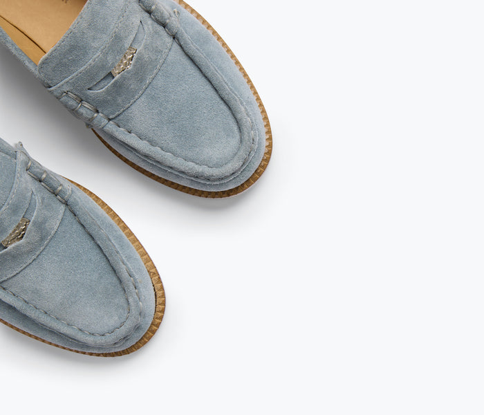 Freda Salvador Elba Penny Loafer in pebble suede with classic slip-on design and rounded toe, stylish and comfortable footwear.
