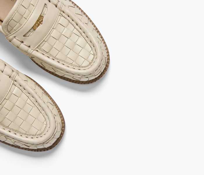 FREDA SALVADOR ELBA Penny Loafer with woven calf leather in vanilla color, showcasing detailed stitching and classic loafer design.
