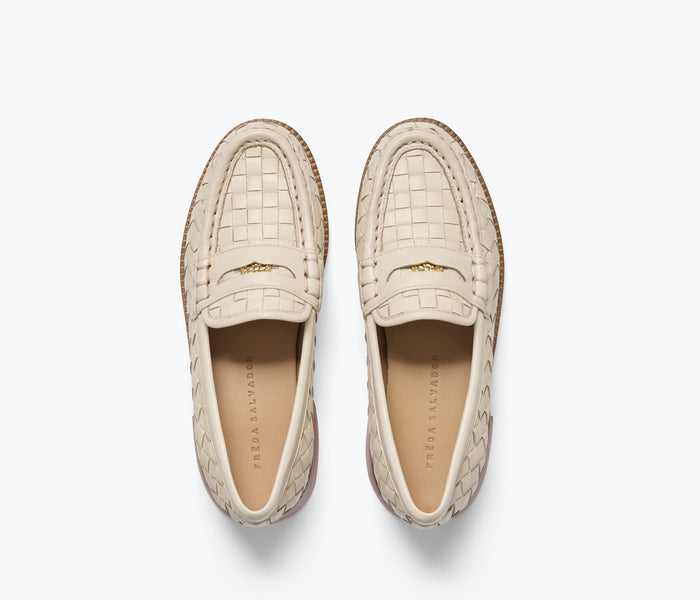 FREDA SALVADOR ELBA Penny Loafer in vanilla woven calf leather, featuring a classic slip-on design and woven detail.