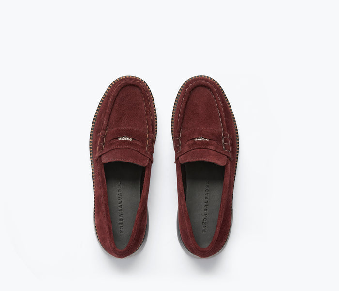 Freda Salvador Elba Penny Loafer in Bordeaux suede, showcasing the stylish slip-on loafer with a smooth top and classic design.