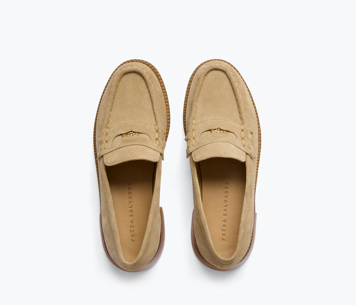 Freda Salvador Elba penny loafer in stucco suede with a sleek, classic design and smooth top finish.