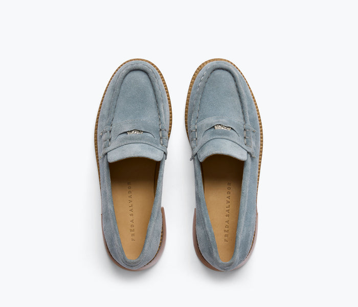 Freda Salvador Elba Penny Loafer in pebble suede with a classic slip-on design and rounded toe.