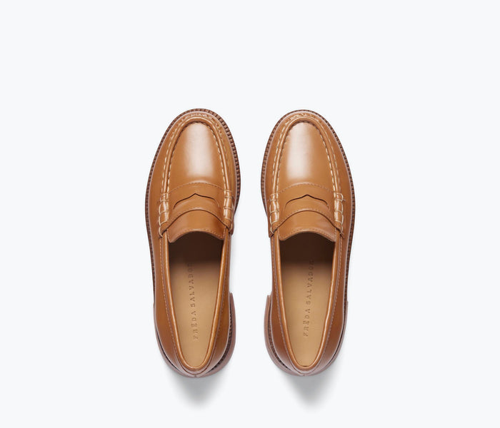Freda Salvador Elba Penny Loafer in tan leather, close-up of the smooth leather upper and classic slip-on design.