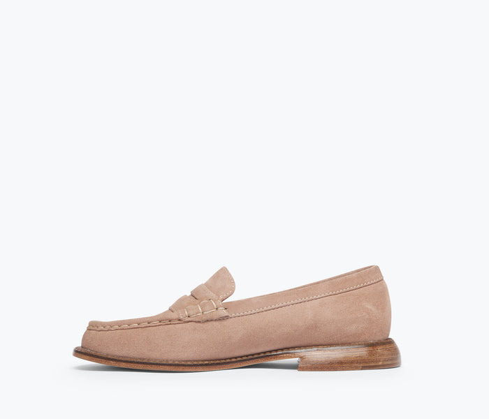 Freda Salvador Elba Penny Loafer in blush leather, showing the inside view with detailed stitching and classic loafer design.