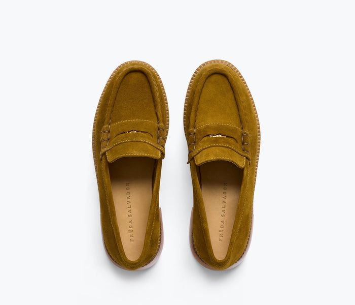 FREDA SALVADOR Elba Penny Loafer in suede with top stitching, showcasing a classic slip-on loafer design.