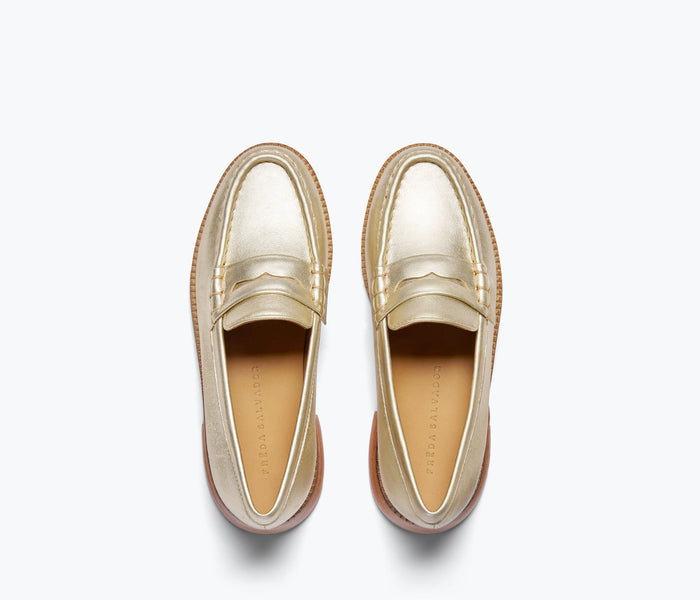 FREDA SALVADOR ELBA Penny Loafer in shiny gold leather, featuring classic loafer design with a slip-on style and decorative penny strap.