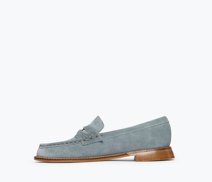 Freda Salvador Elba Penny Loafer in pebble suede with classic slip-on design and interior view showing soft lining.