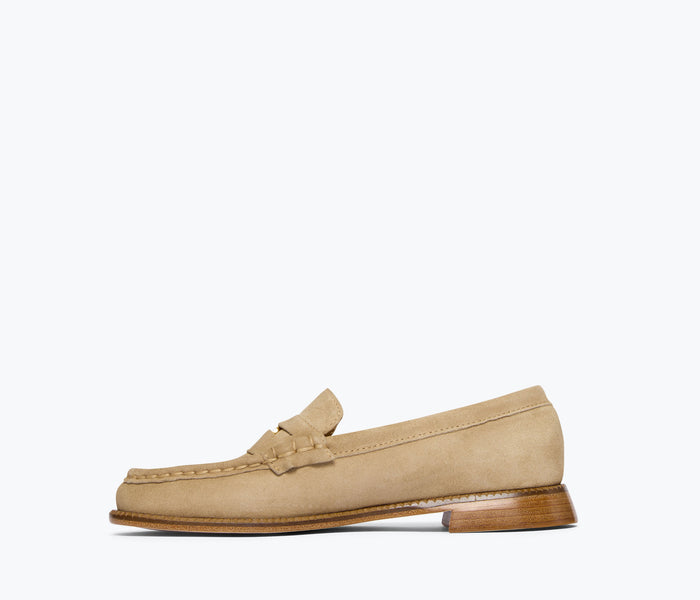 Freda Salvador ELBA Penny Loafer in stucco suede, showing inside view with classic loafer design and soft suede material