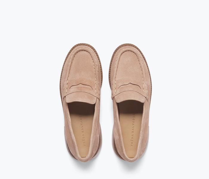 Freda Salvador ELBA Penny Loafer in blush leather, showcasing sleek design and classic penny strap detail.