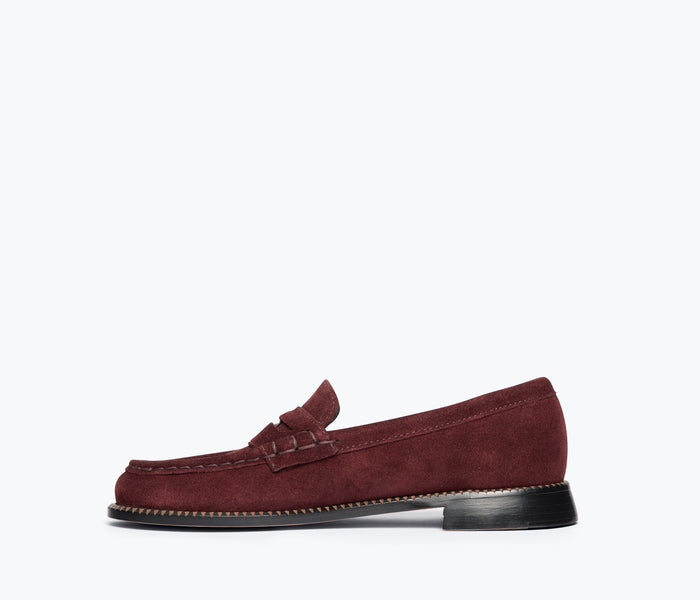 Freda Salvador Elba Penny Loafer in Bordeaux suede, showcasing the stylish inside view of the classic slip-on shoe.