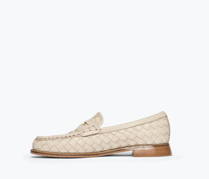 FREDA SALVADOR Elba Penny Loafer in vanilla woven calf leather, showing the inside view with detailed woven pattern.