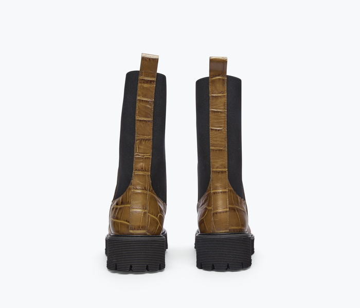Freda Salvador Eli mid-calf boot in mocha leather, back view showcasing sleek design and sturdy heel.