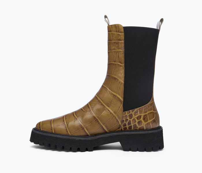 Inside view of Freda Salvador ELI mid-calf boot in mocha leather with a natural leather interior and sleek design.