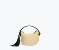 Freda Salvador Elis Mini Crescent Bag in natural raffia with sleek design and compact shape, featuring a front view.
