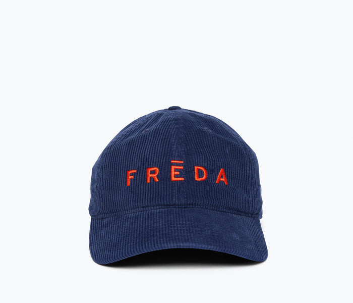 Embroidered Freda Hat in navy corduroy, front view