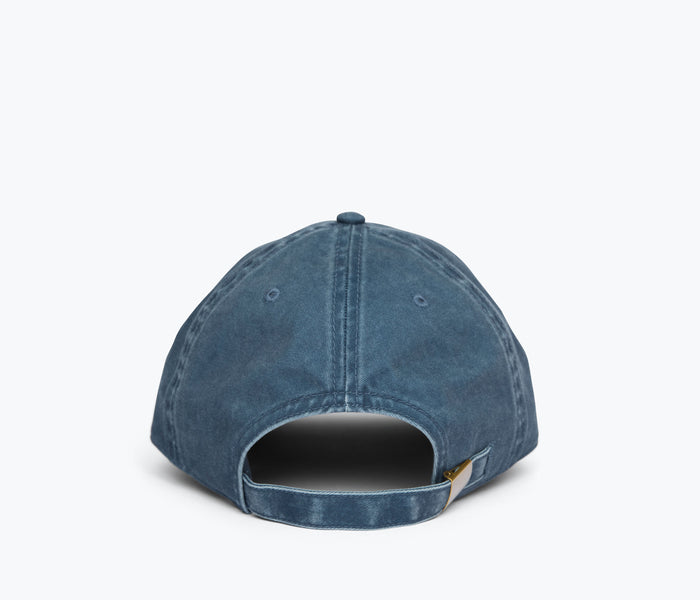 Blue embroidered Freda hat by OTTO, showing the back with detailed floral embroidery and adjustable strap.