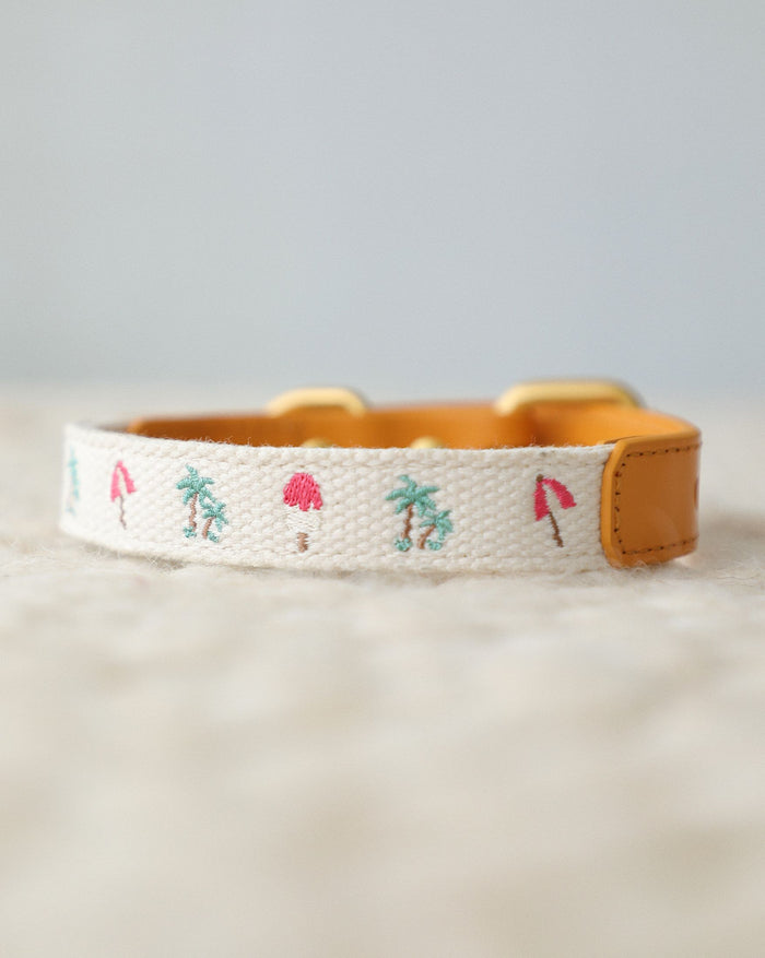Summer themed dog collar with embroidered icons and cotton webbing, lightweight and stylish accessory for warm weather walks
