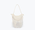 Freda Salvador Erika Crescent Fringe Bag in bone calf leather with fringe detailing, shown from the front view.