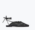 Black ETTA woven ankle lace-up mule by Freda Salvador with front calf strap and flat sole.