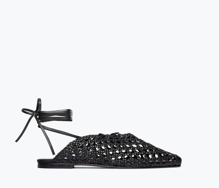 Black ETTA woven ankle lace-up mule by Freda Salvador with front calf strap and flat sole.