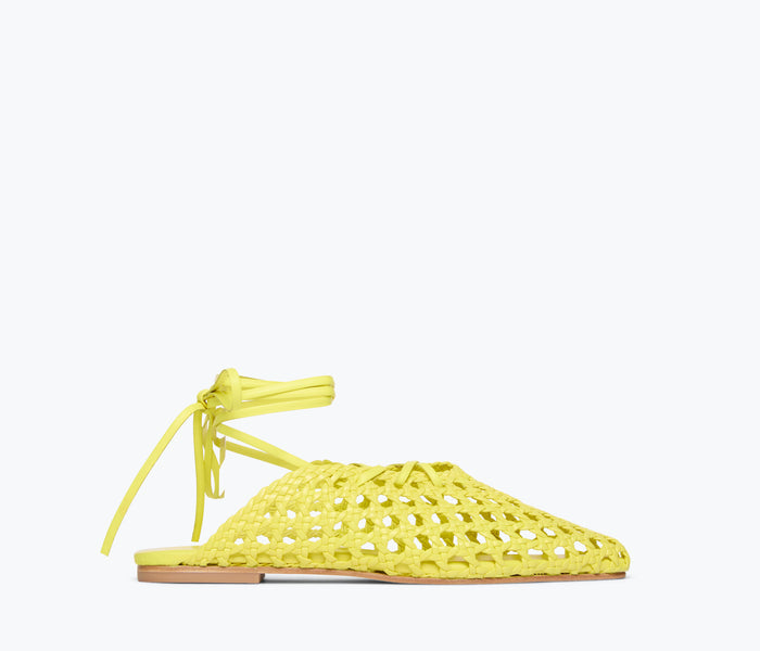 Yellow woven calf strap ETTA ankle lace-up mule by Freda Salvador with front view and flat sole.