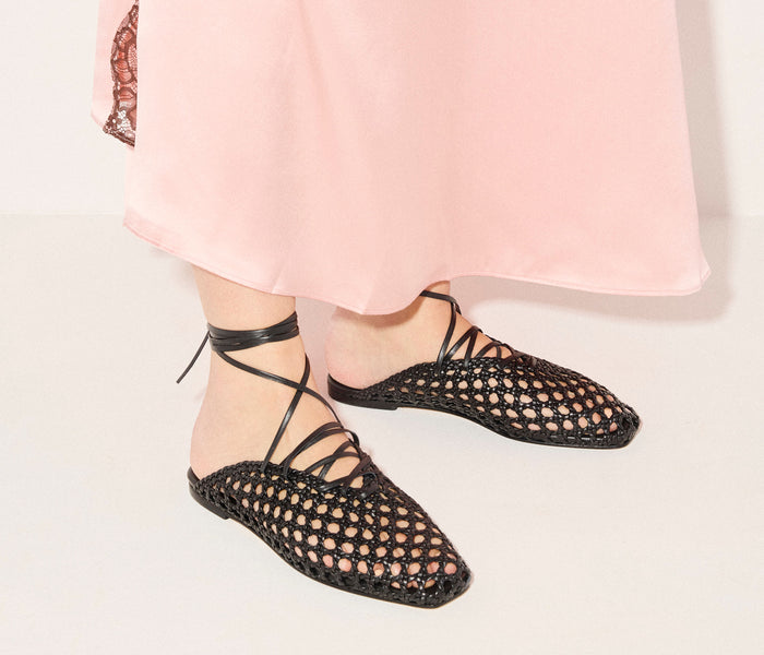 Black ETTA woven ankle lace-up mule by Freda Salvador, featuring a flat sole and woven textile upper.