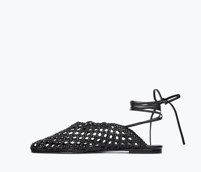 Black ETTA woven ankle lace-up mule by Freda Salvador, showing the inside view with calf strap detail.