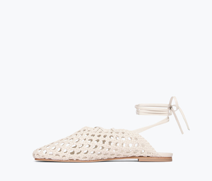 Freda Salvador ETTA woven ankle lace-up flat mule with tan calf strap, inside view showing woven design and slip-on style.