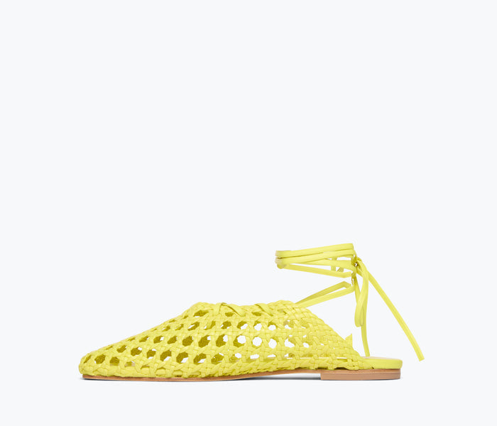 Freda Salvador Etta woven yellow ankle lace-up mule with calf strap, flat slip-on shoe showing woven fabric and inside view.