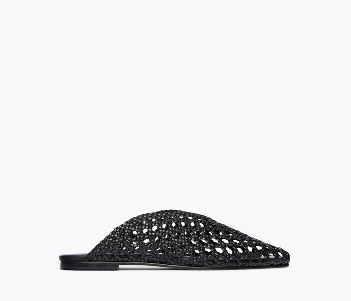 Black ETTA woven ankle lace-up mule by Freda Salvador, front view showing woven design and ankle laces.