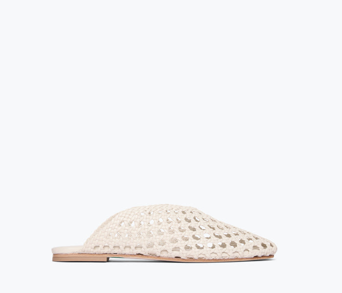 Freda Salvador Etta woven ankle lace-up mule with tan leather and woven design, front view showing ankle laces and textured material.