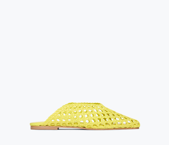 Freda Salvador ETTA woven yellow ankle lace-up mule with flat sole, front view showing woven design and ankle laces.